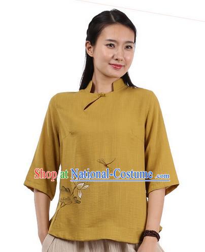 Top Chinese Traditional Costume Tang Suit Yellow Painting Lotus Blouse, Pulian Zen Clothing China Cheongsam Upper Outer Garment Shirts for Women