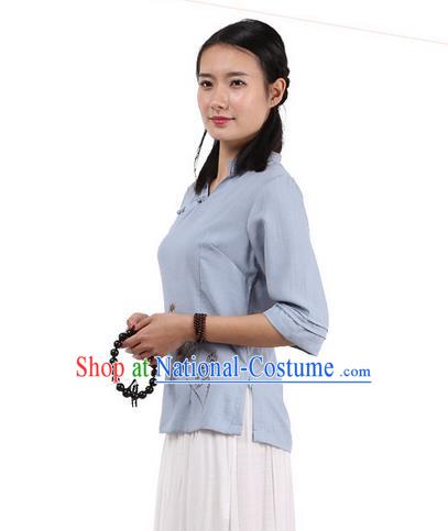 Top Chinese Traditional Costume Tang Suit Blue Painting Lotus Blouse, Pulian Zen Clothing China Cheongsam Upper Outer Garment Slant Opening Shirts for Women