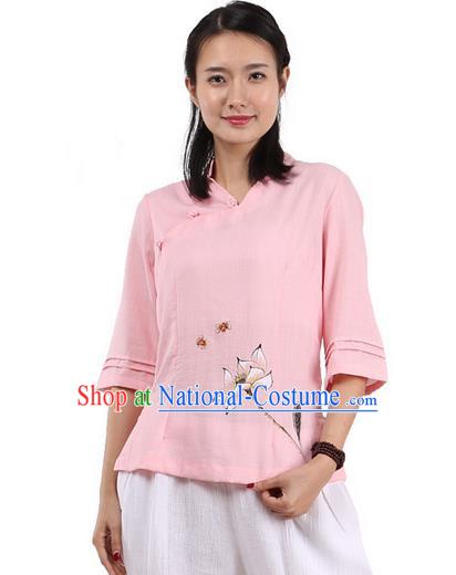 Top Chinese Traditional Costume Tang Suit Pink Painting Lotus Blouse, Pulian Zen Clothing China Cheongsam Upper Outer Garment Slant Opening Shirts for Women