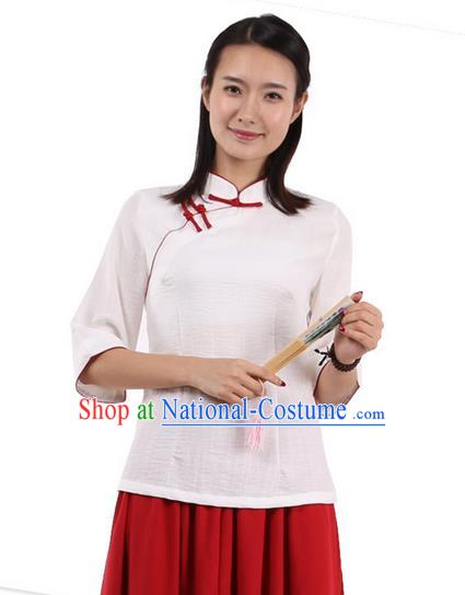 Top Chinese Traditional Costume Tang Suit Red Edge Blouse, Pulian Zen Clothing China Cheongsam Upper Outer Garment Slant Opening Shirts for Women