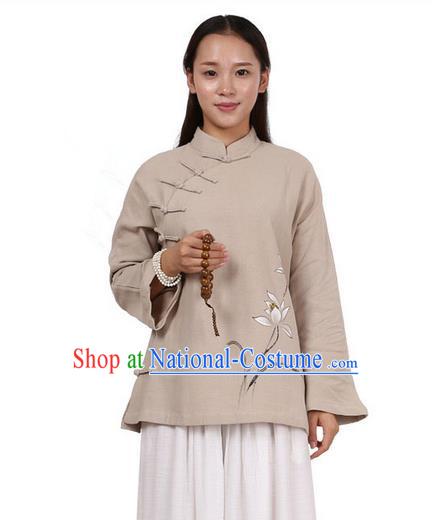 Top Chinese Traditional Costume Tang Suit Linen Upper Outer Garment Khaki Blouse, Pulian Zen Clothing Republic of China Cheongsam Painting Flower Shirts for Women