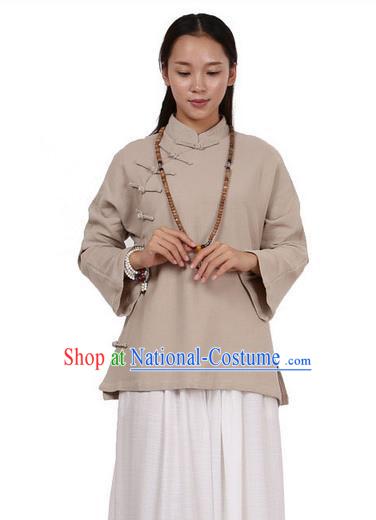 Top Chinese Traditional Costume Tang Suit Linen Upper Outer Garment Khaki Blouse, Pulian Zen Clothing Republic of China Cheongsam Shirts for Women