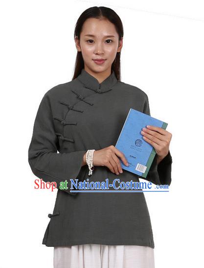 Top Chinese Traditional Costume Tang Suit Linen Upper Outer Garment Atrovirens Blouse, Pulian Zen Clothing Republic of China Cheongsam Shirts for Women