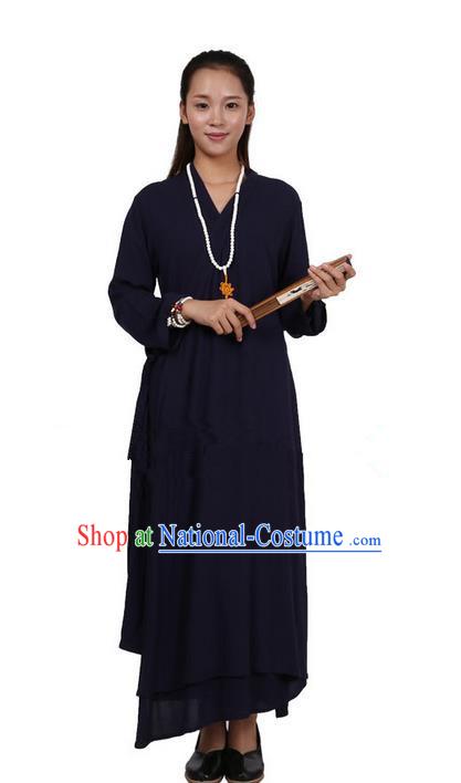 Top Chinese Traditional Costume Tang Suit Linen Upper Outer Garment Qipao Dress, Pulian Zen Clothing Republic of China Cheongsam Navy Dress for Women