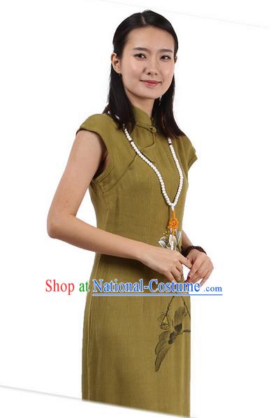 Top Chinese Traditional Costume Tang Suit Stand Collar Outer Garment Qipao Dress, Pulian Zen Clothing Republic of China Short Cheongsam Painting Lotus Green Dress for Women