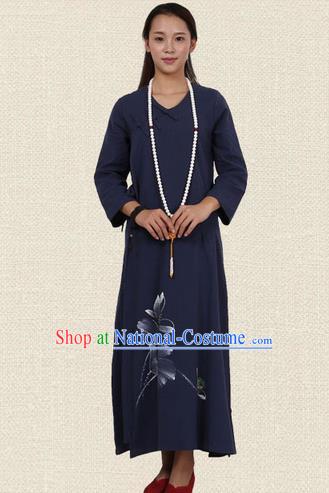 Top Chinese Traditional Costume Tang Suit Linen Qipao Dress, Pulian Zen Clothing Republic of China Cheongsam Painting Navy Long Dress for Women