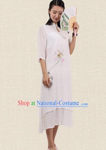 Top Chinese Traditional Costume Tang Suit Linen Double-deck Qipao Dress, Pulian Zen Clothing Republic of China Cheongsam Upper Outer Garment Painting Lotus White Dress for Women