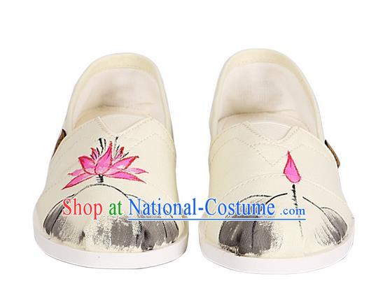 Top Chinese Traditional Linen Shoes, Pulian Shoes China Ink Painting Lotus Cloth Shoe for Women