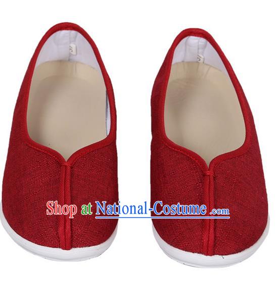 Top Chinese Traditional Linen High-heeled Shoes, Pulian Zen Shoes China Martial Art Red Cloth Shoe for Women