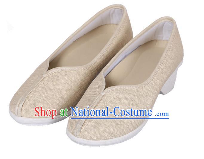 Top Chinese Traditional Linen High-heeled Shoes, Pulian Zen Shoes China Martial Art Beige Cloth Shoe for Women