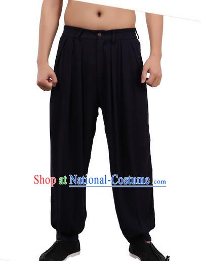 Top Chinese Traditional Linen Kong Fu Loose Pants, Pulian Zen Clothing China Martial Art Plus Fours Bloomers Black Trousers for Men