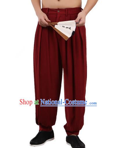 Top Chinese Traditional Linen Kong Fu Loose Pants, Pulian Zen Clothing China Martial Art Plus Fours Bloomers Red Trousers for Men