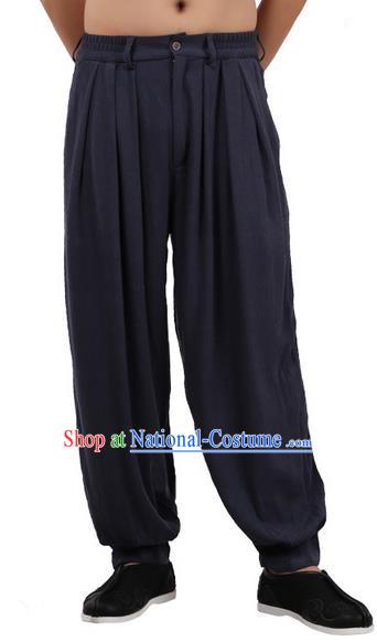 Top Chinese Traditional Linen Kong Fu Loose Pants, Pulian Zen Clothing China Martial Art Plus Fours Bloomers Navy Trousers for Men