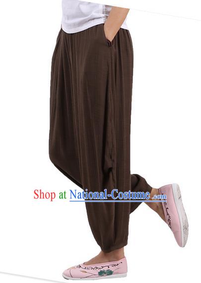 Top Chinese Traditional Linen Kong Fu Loose Pants, Pulian Zen Clothing China Martial Art Plus Fours Bloomers Brown Trousers for Women