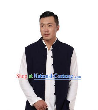 Traditional Chinese Kung Fu Costume Martial Arts Linen Plated Buttons Waistcoat Pulian Meditation Clothing, China Tang Suit Vest Tai Chi Navy Weskit for Men