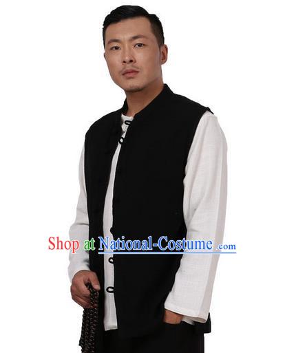 Traditional Chinese Kung Fu Costume Martial Arts Linen Plated Buttons Waistcoat Pulian Meditation Clothing, China Tang Suit Vest Tai Chi Black Weskit for Men