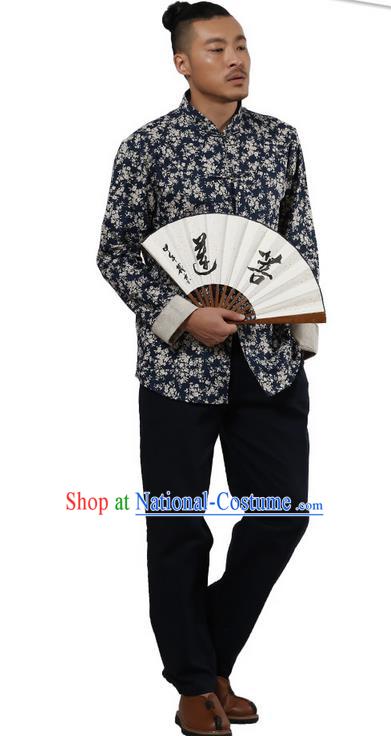 Traditional Chinese Kung Fu Costume Martial Arts Linen Plated Buttons Shirts Pulian Meditation Clothing, China Tang Suit Upper Outer Garment Navy Overshirt for Men