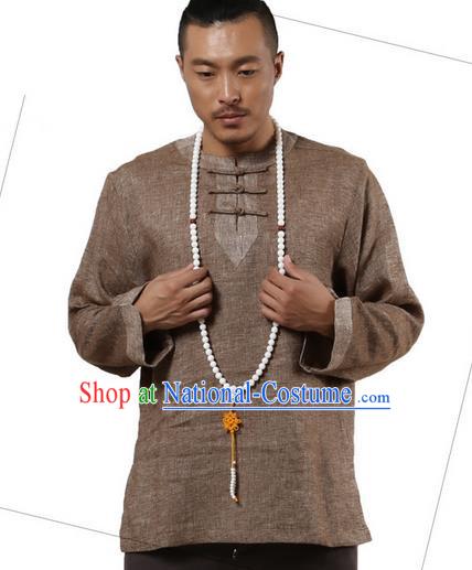 Traditional Chinese Kung Fu Costume Pulian Meditation Clothing Martial Arts Linen Plated Buttons Shirts, China Tang Suit Upper Outer Garment Brown Overshirt for Men