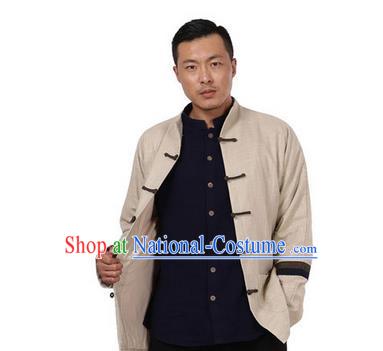 Traditional Chinese Kung Fu Costume Pulian Meditation Clothing Martial Arts Linen Plated Buttons Coats, China Tang Suit Upper Outer Garment Jacket Beige Overcoat for Men