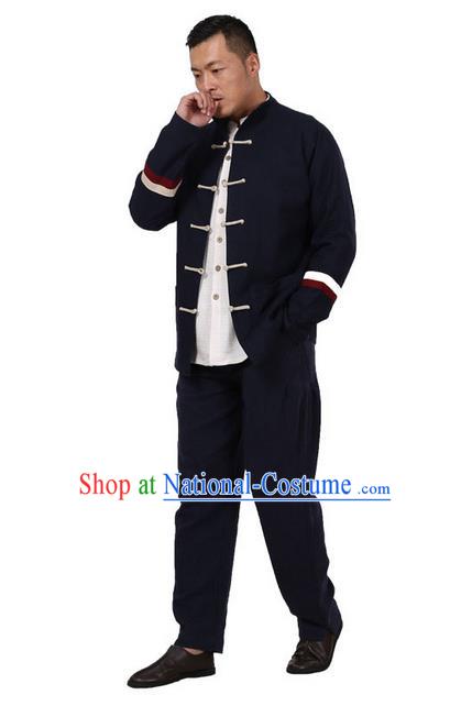 Traditional Chinese Kung Fu Costume Pulian Meditation Clothing Martial Arts Linen Plated Buttons Coats, China Tang Suit Upper Outer Garment Jacket Navy Overcoat for Men