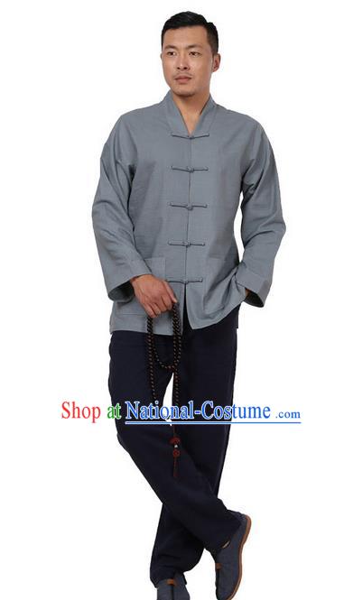 Traditional Chinese Kung Fu Costume Pulian Meditation Clothing Martial Arts Linen Plated Buttons Shirts, China Tang Suit Upper Outer Garment Grey Overcoat for Men