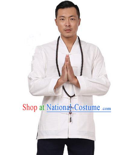 Traditional Chinese Kung Fu Costume Pulian Meditation Clothing Martial Arts Linen Plated Buttons Shirts, China Tang Suit Upper Outer Garment White Overcoat for Men