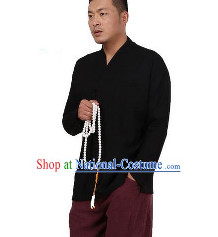 Traditional Chinese Kung Fu Costume Pulian Meditation Clothing Martial Arts Linen Slant Opening Shirts, China Tang Suit Upper Outer Garment Black Overshirt for Men