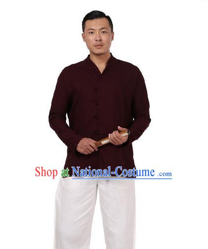 Traditional Chinese Kung Fu Costume Pulian Meditation Clothing Martial Arts Linen Slant Opening Shirts, China Tang Suit Upper Outer Garment Dark Red Overshirt for Men