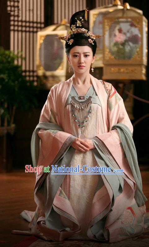 Traditional Chinese Ancient Imperial Princess Costume and Headpiece Complete Set, Chinese The Glory of Tang Dynasty Palace Lady Senior Concubine Hanfu Clothing for Women