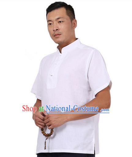 Traditional Chinese Kung Fu Costume Martial Arts Linen Plated Buttons White Shirts Pulian Meditation Clothing, China Tang Suit Upper Outer Garment for Men