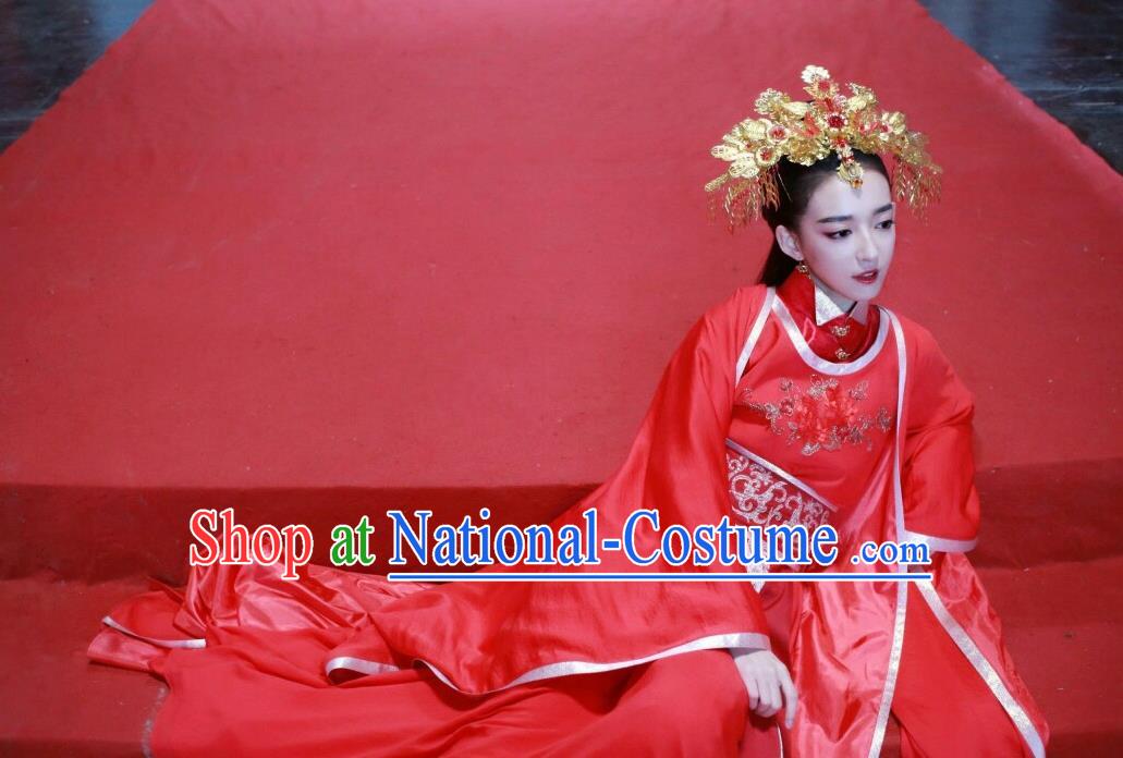 Traditional Chinese Ancient Princess Wedding Costume and Headpiece Complete Set, Chinese Teleplay Flower Shabana Flyings Sky Song Dynasty Palace Lady Red Dress Clothing for Women