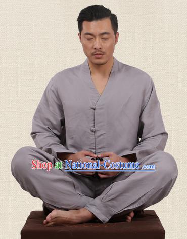 Traditional Chinese Kung Fu Costume Martial Arts Linen Slant Opening Grey Suits Pulian Meditation Clothing, China Tang Suit Uniforms Tai Chi Clothing for Men