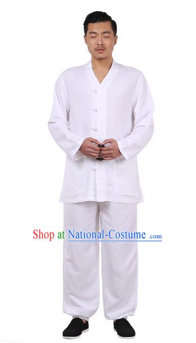 Traditional Chinese Kung Fu Costume Martial Arts Linen Slant Opening White Suits Pulian Meditation Clothing, China Tang Suit Uniforms Tai Chi Clothing for Men