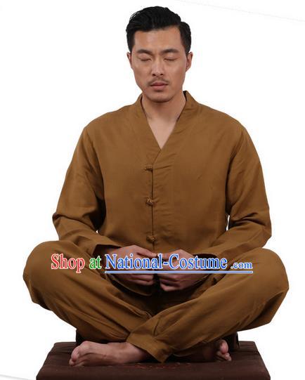 Traditional Chinese Kung Fu Costume Martial Arts Linen Slant Opening Coffee Suits Pulian Meditation Clothing, China Tang Suit Uniforms Tai Chi Clothing for Men