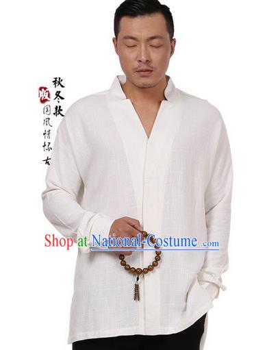 Traditional Chinese Kung Fu Costume Martial Arts Linen Beige Shirts Pulian Meditation Clothing, China Tang Suit Overshirts Tai Chi Clothing for Men