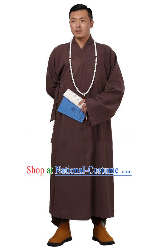 Traditional Chinese Kung Fu Costume Martial Arts Linen Coffee Monk Robes Pulian Meditation Clothing, China Tang Suit Shaolin Wushu Frock for Men