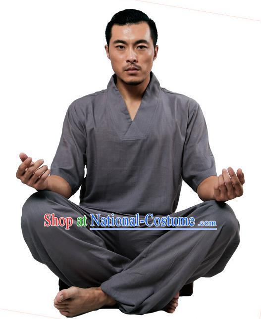 Traditional Chinese Kung Fu Costume Martial Arts Linen Plated Buttons Grey Suits Pulian Meditation Clothing, China Tang Suit Uniforms Tai Chi Clothing for Men