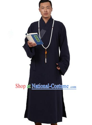 Traditional Chinese Kung Fu Costume Martial Arts Monk Robes Pulian Meditation Clothing, China Tang Suit Shaolin Wushu Navy Frock for Men