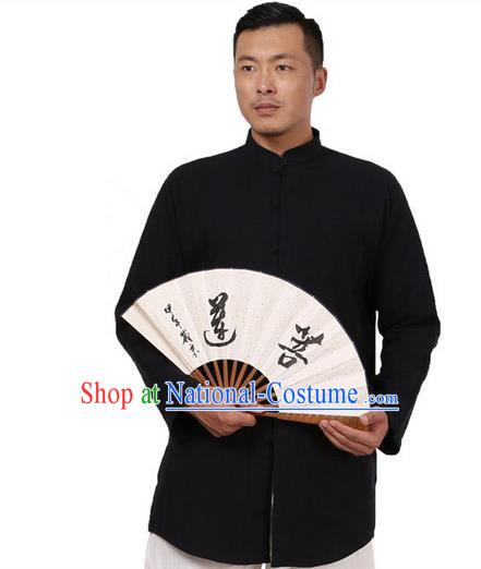 Traditional Chinese Kung Fu Costume Martial Arts Ramie Black Shirts Pulian Meditation Clothing, China Tang Suit Overshirts Tai Chi Long Gown for Men