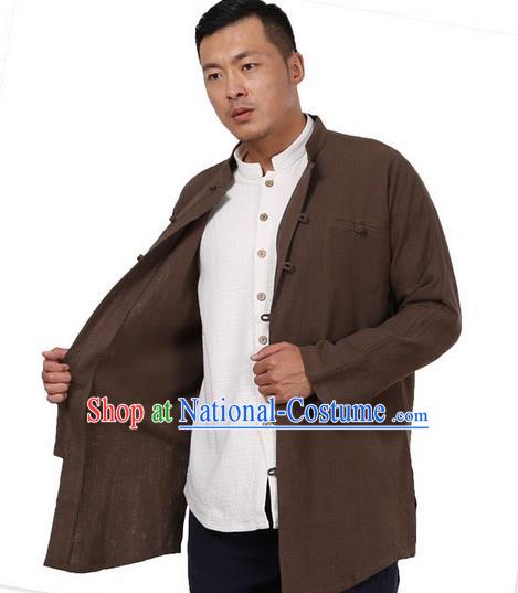 Traditional Chinese Kung Fu Costume Martial Arts Ramie Coffee Shirts Pulian Meditation Clothing, China Tang Suit Overshirts Tai Chi Long Gown for Men