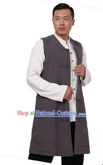 Traditional Chinese Kung Fu Costume Martial Arts Grey Vest Pulian Meditation Clothing, China Tang Suit Waistcoat Tai Chi Long Weskit for Men