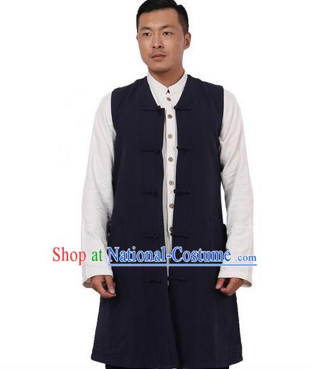 Traditional Chinese Kung Fu Costume Martial Arts Navy Vest Pulian Meditation Clothing, China Tang Suit Waistcoat Tai Chi Long Weskit for Men