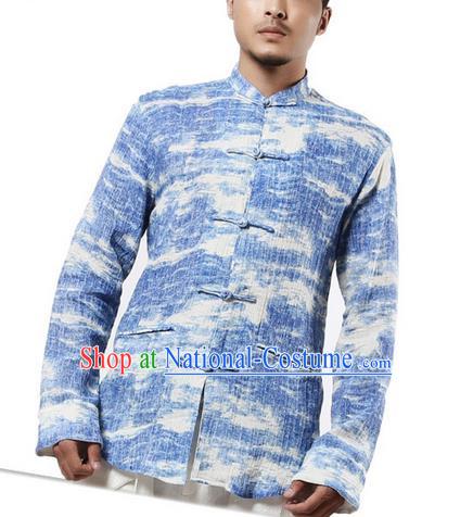 Traditional Chinese Kung Fu Costume Martial Arts Tang Suit Shirts Pulian Meditation Clothing, China Tai Chi Plated Buttons Blue Overshirts for Men