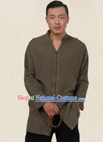 Traditional Chinese Kung Fu Costume Martial Arts Tang Suit Plated Buttons Shirts Pulian Meditation Clothing, China Tai Chi Army Green Overshirts for Men