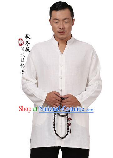 Traditional Chinese Kung Fu Costume Martial Arts Tang Suit Plated Buttons Shirts Pulian Meditation Clothing, China Tai Chi White Overshirts for Men