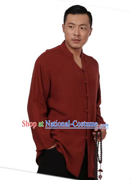 Traditional Chinese Kung Fu Costume Martial Arts Tang Suit Plated Buttons Shirts Pulian Meditation Clothing, China Tai Chi Dark Red Overshirts for Men