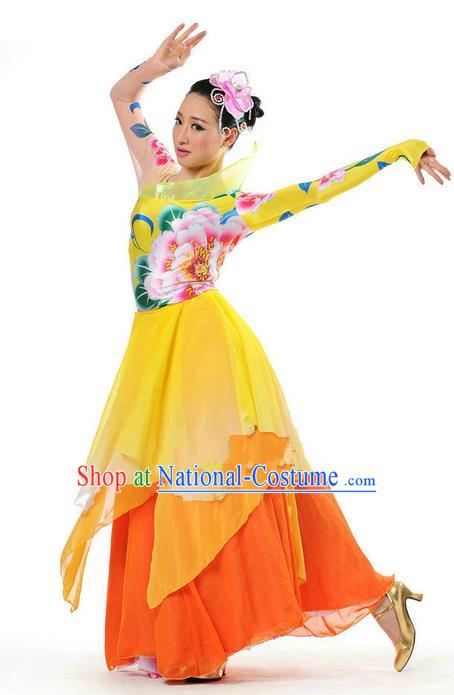 Chinese Classic Stage Performance Chorus Singing Group Dance Costumes, Opening Dance Big Swing Flowers Dress for Women