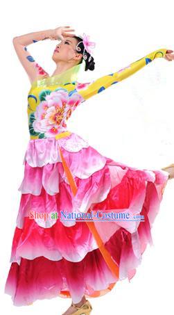 Chinese Classic Stage Performance Chorus Singing Group Dance Costumes, Opening Dance Big Swing Peony Flowers Dress for Women