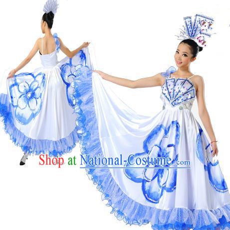 Chinese Classic Stage Performance Chorus Singing Group Dance Costumes, Opening Dance Folk Dance Big Swing Blue Dress for Women