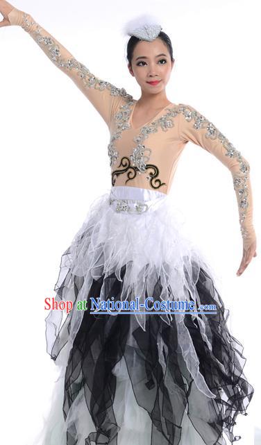 Chinese Classic Stage Performance Chorus Singing Group Dance Costumes, Opening Dance Folk Dance Big Swing Black Dress for Women